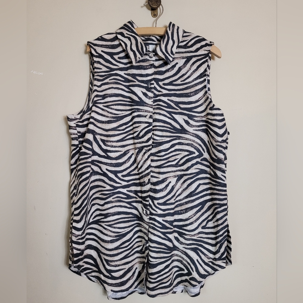 Joie Zebra Print Sleeveless Button-Up Long Top Large